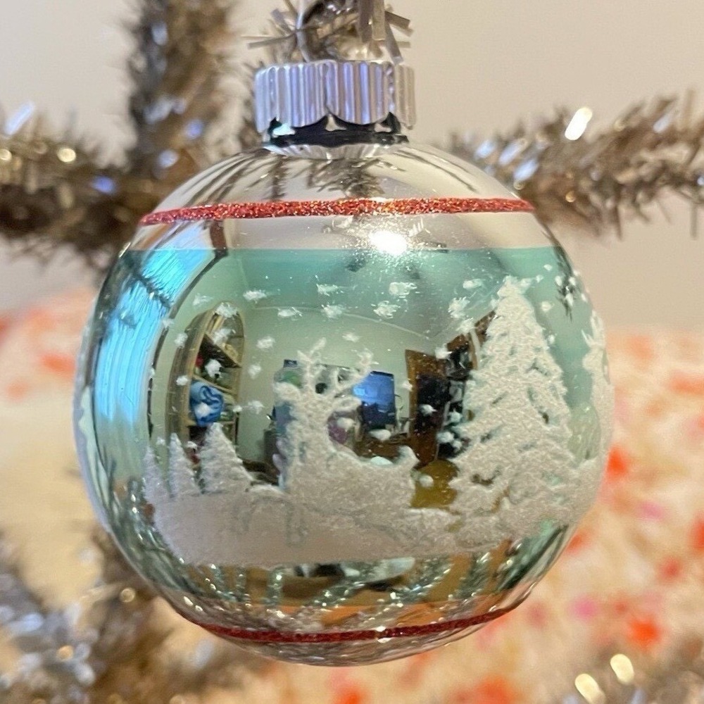 3" Radko Shiny Brite Stenciled Flocked Ornament Reindeer Winter Teal Silver‎ MCM